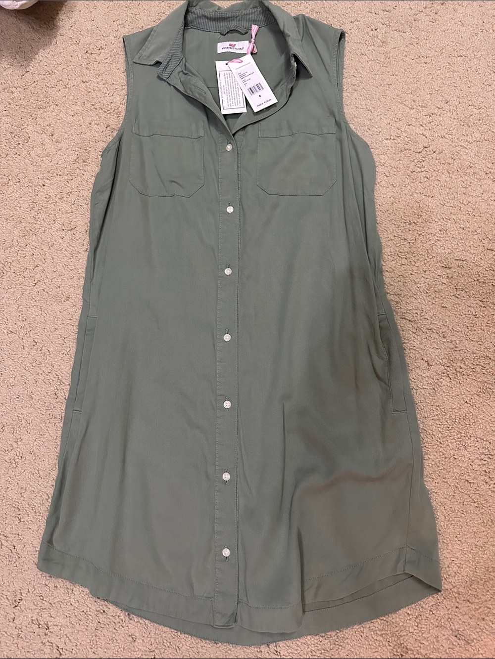 NWT Vineyard Vines Sleeveless Button-Front Shirt Dress Olive Green